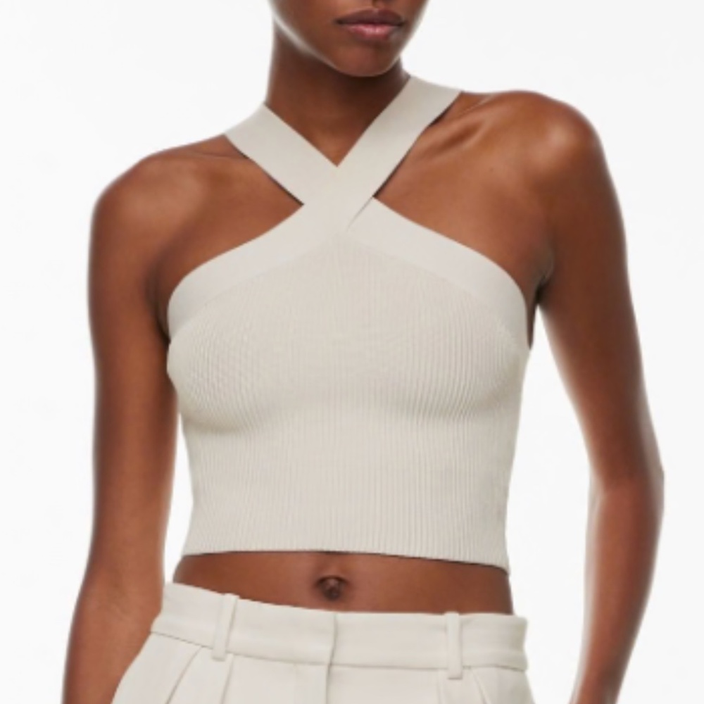 Aritzia Cream Ribbed Cross-Front Crop Top